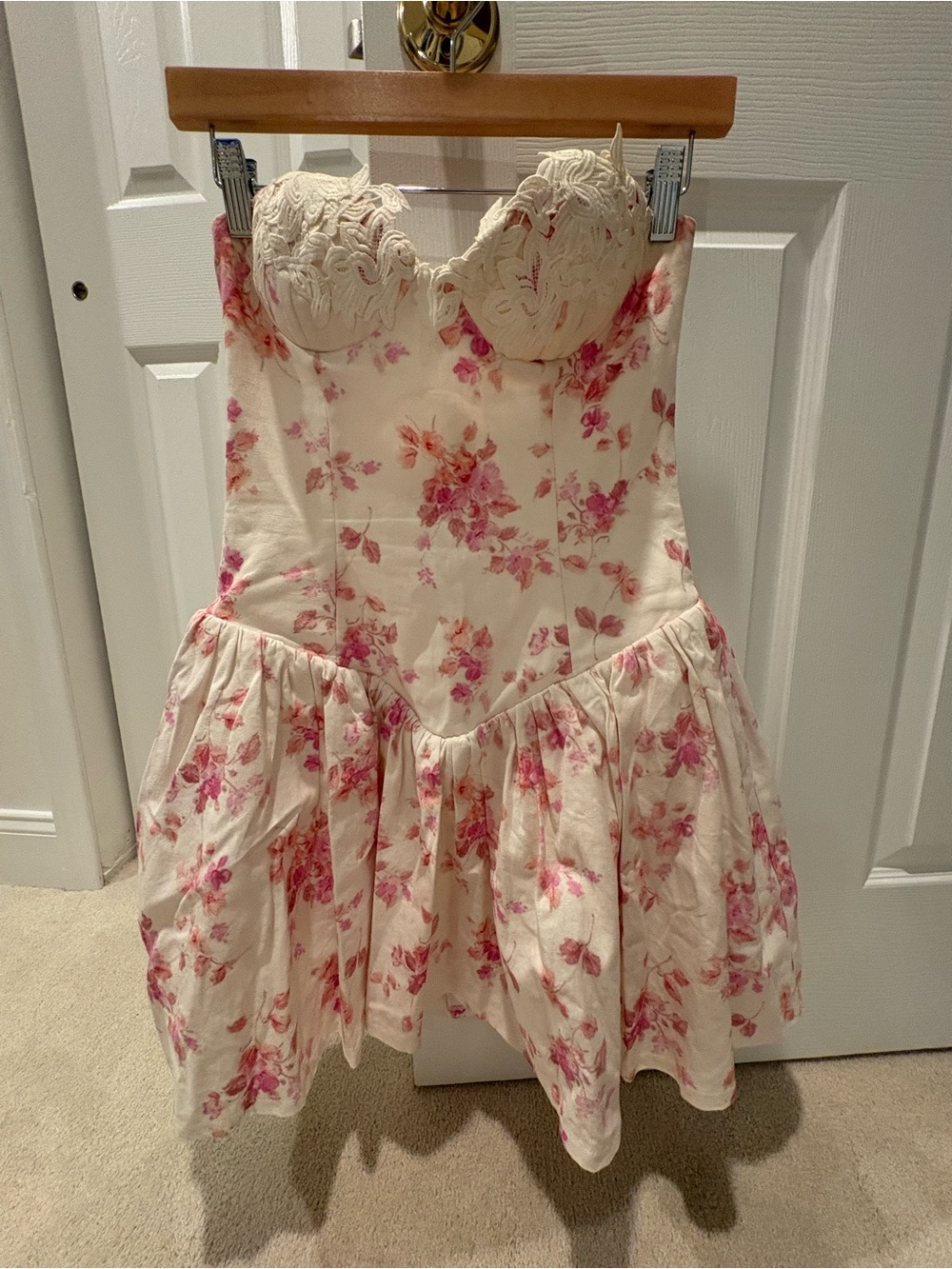 Strapless Floral Sweetheart Dress in Cream and Pink